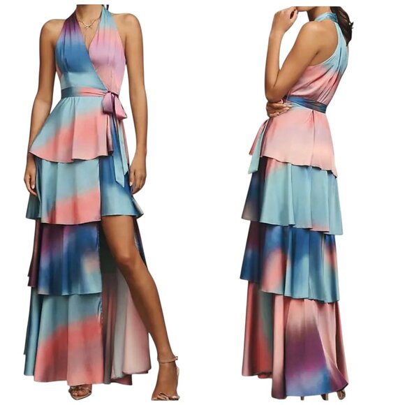 Hutch Sat Paige Ombre Wrap Maxi Dress Multicolor Tiered Halter L NWT - Picture 1 of 7